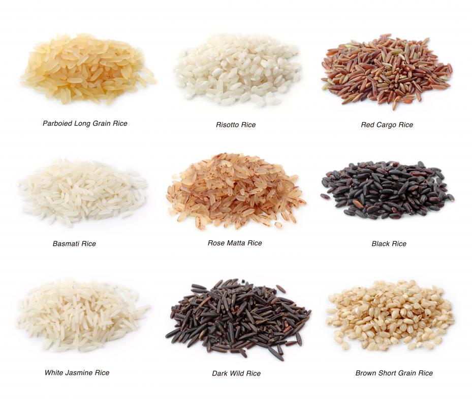 Different types of rice, including white jasmine rice.
