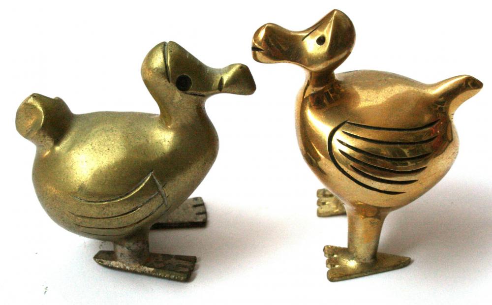 Brass sculptures of two dodo birds.
