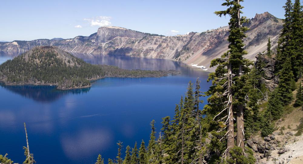 A caldera lies below Crater Lake in Oregon.